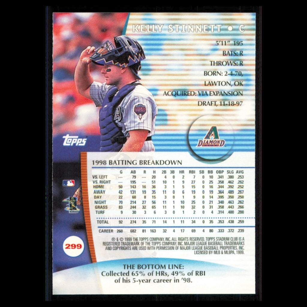 Kelly Stinnett #299 1999 Topps Stadium Club Arizona Diamondbacks Baseball Card