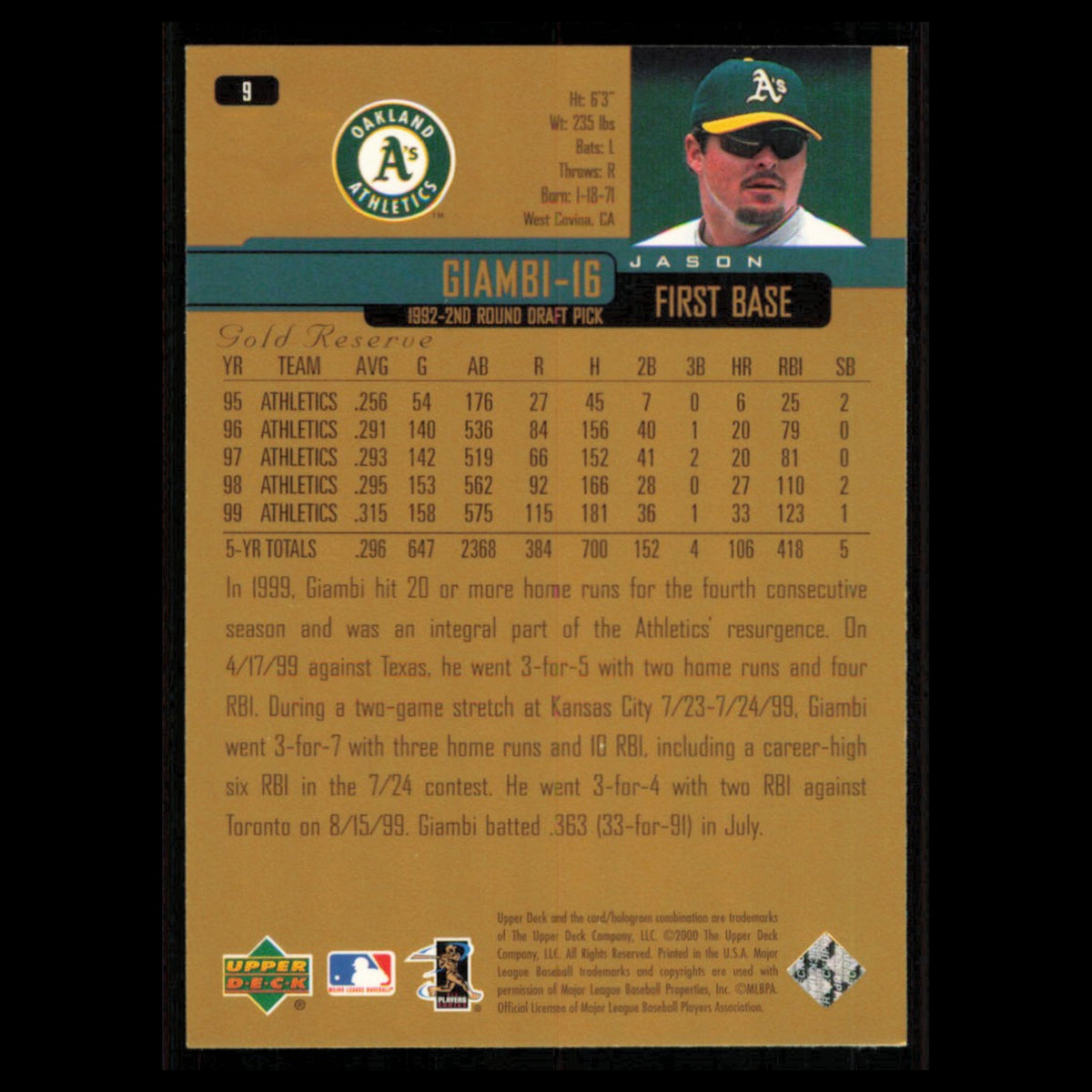 Jason Giambi #9 2000 Upper Deck Gold Reserve Oakland Athletics Baseball Card MLB