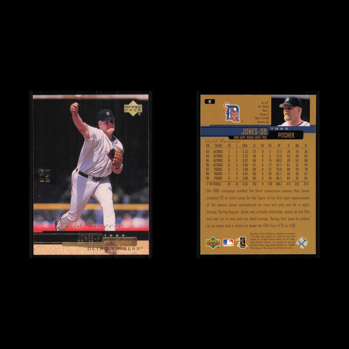 Todd Jones #91 2000 Upper Deck Gold Reserve Detroit Tigers Baseball Card MLB NM