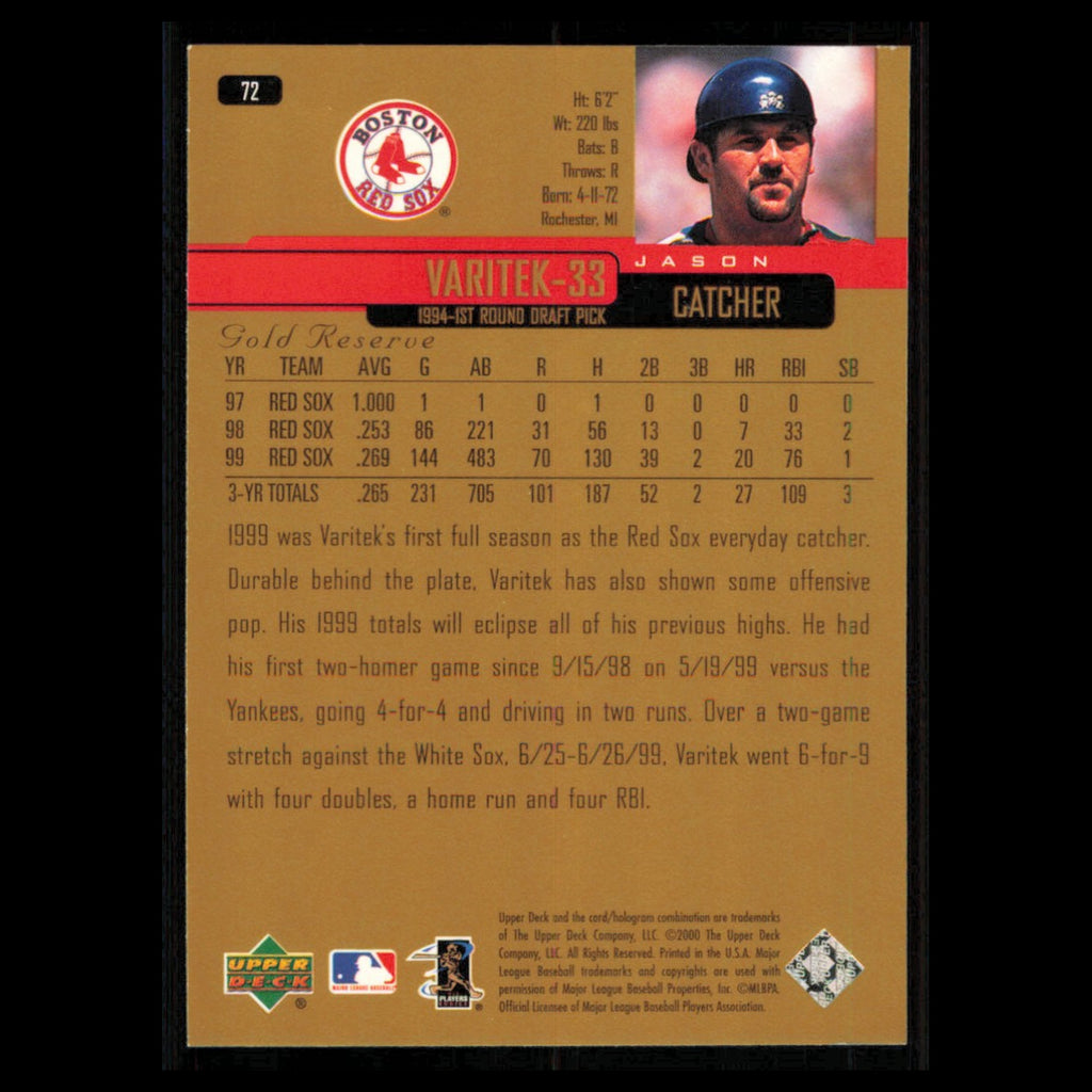 Jason Varitek #72 2000 Upper Deck Gold Reserve Boston Red Sox Baseball Card MLB