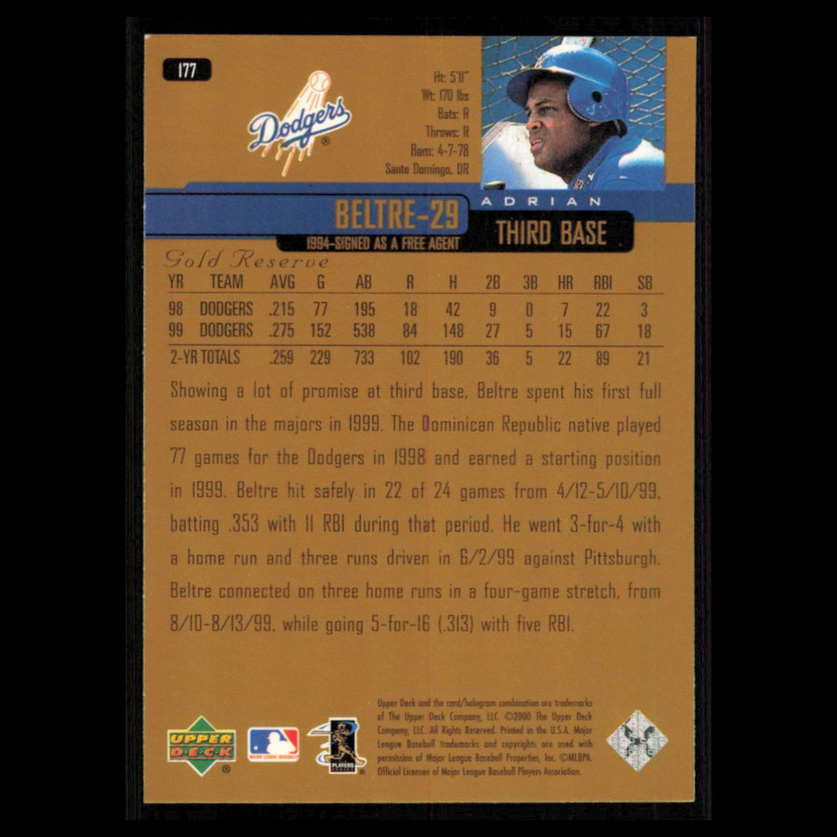 Adrian Beltre #177 2000 Upper Deck Gold Reserve Los Angeles Dodgers Baseball MLB