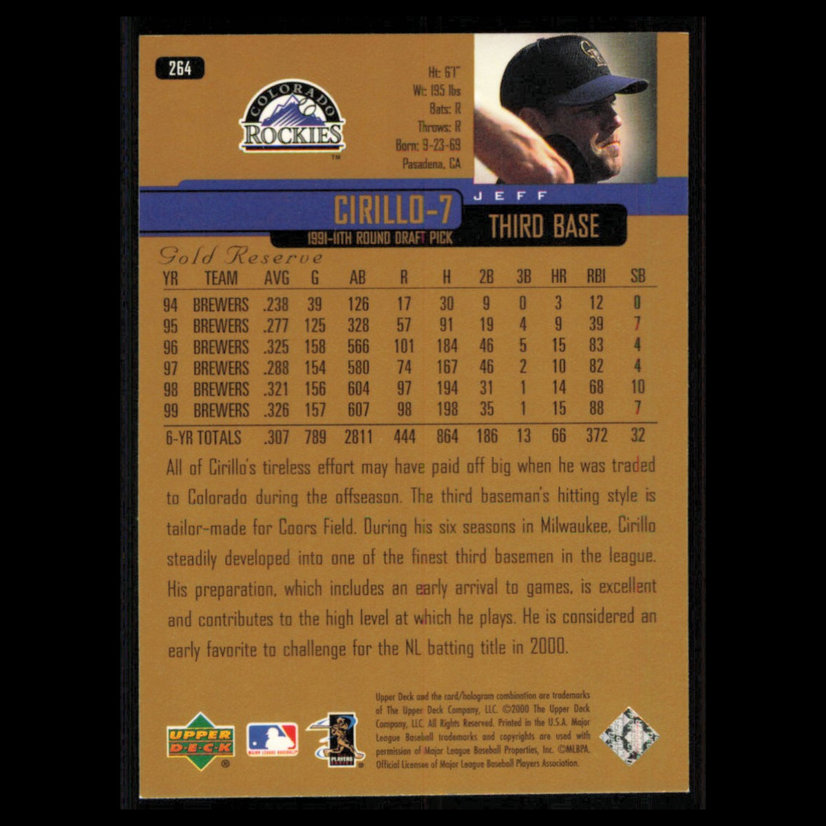 Jeff Cirillo #264 2000 Upper Deck Gold Reserve Colorado Rockies Baseball Card NM