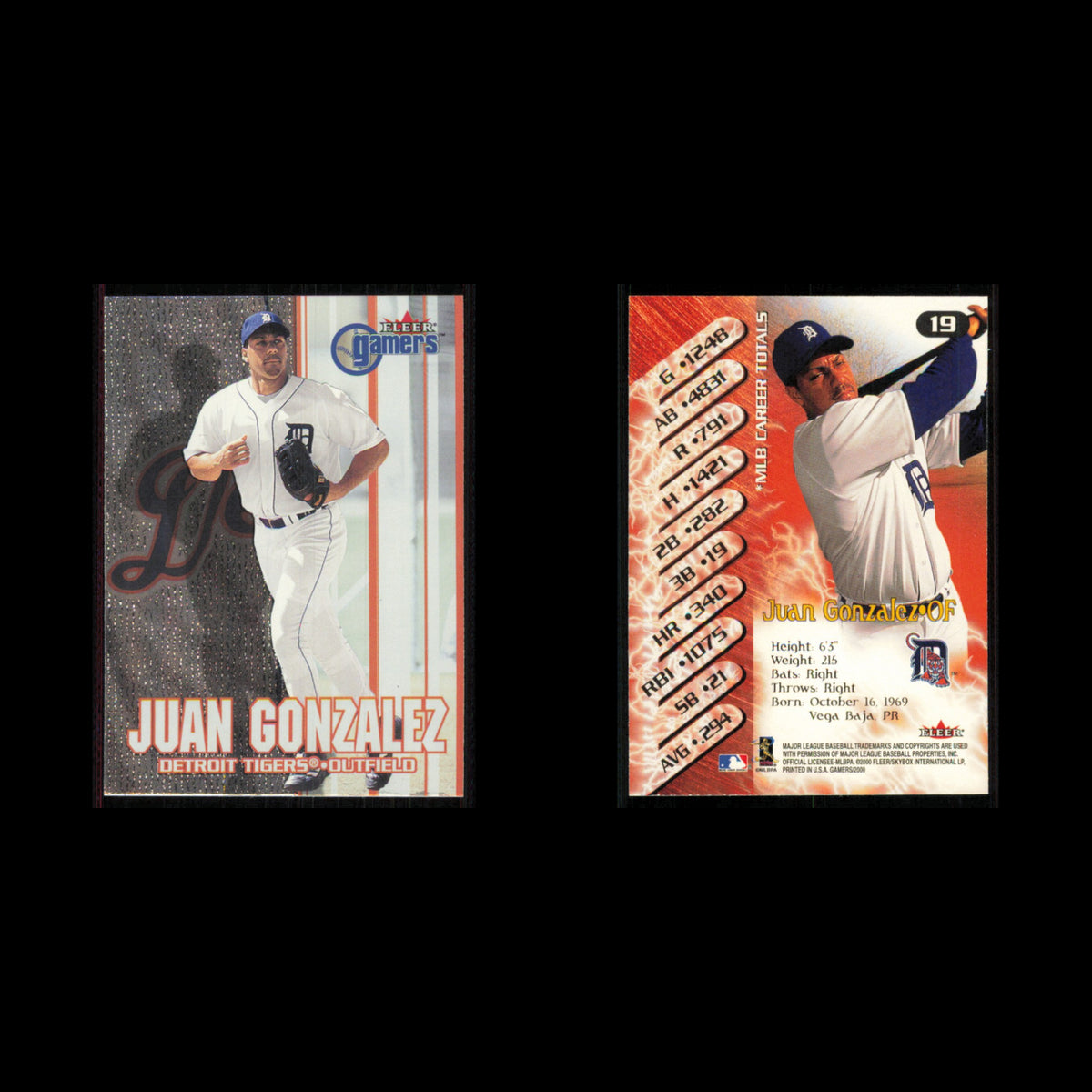 Juan Gonzalez #19 2000 Fleer Gamers Detroit Tigers Baseball Card MLB NM