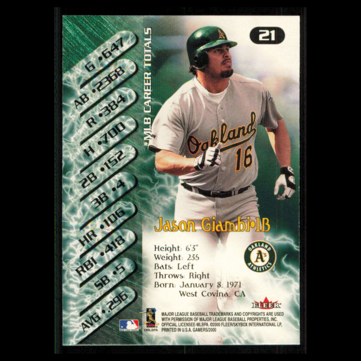 Jason Giambi #21 2000 Fleer Gamers Oakland Athletics Baseball Card MLB NM
