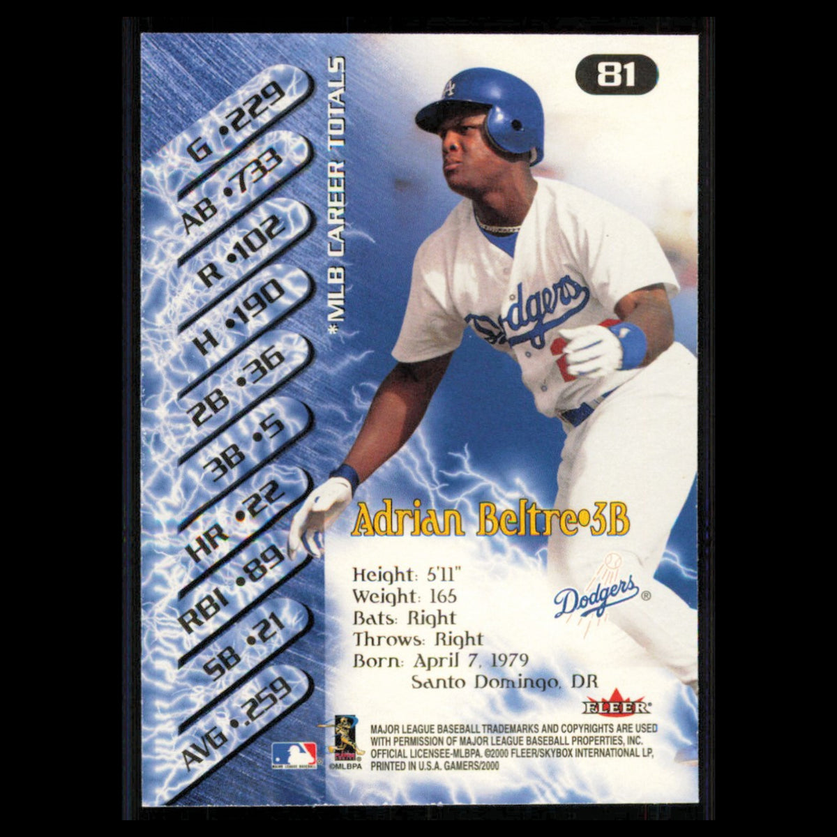 Adrian Beltre #81 2000 Fleer Gamers Los Angeles Dodgers Baseball Card MLB NM