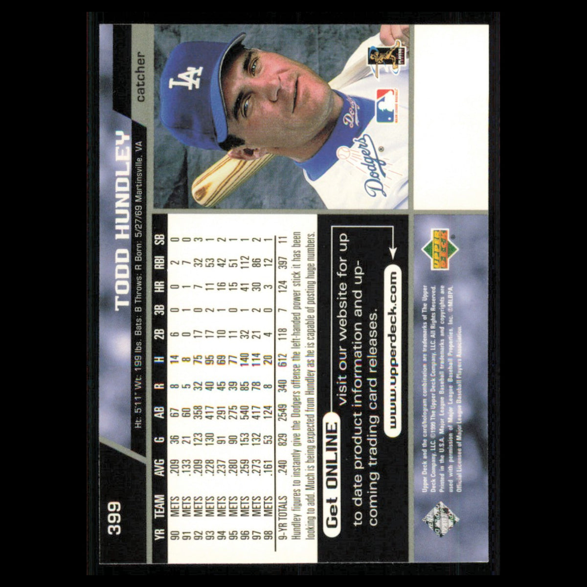 Todd Hundley #399 1999 Upper Deck Los Angeles Dodgers Baseball Card MLB NM
