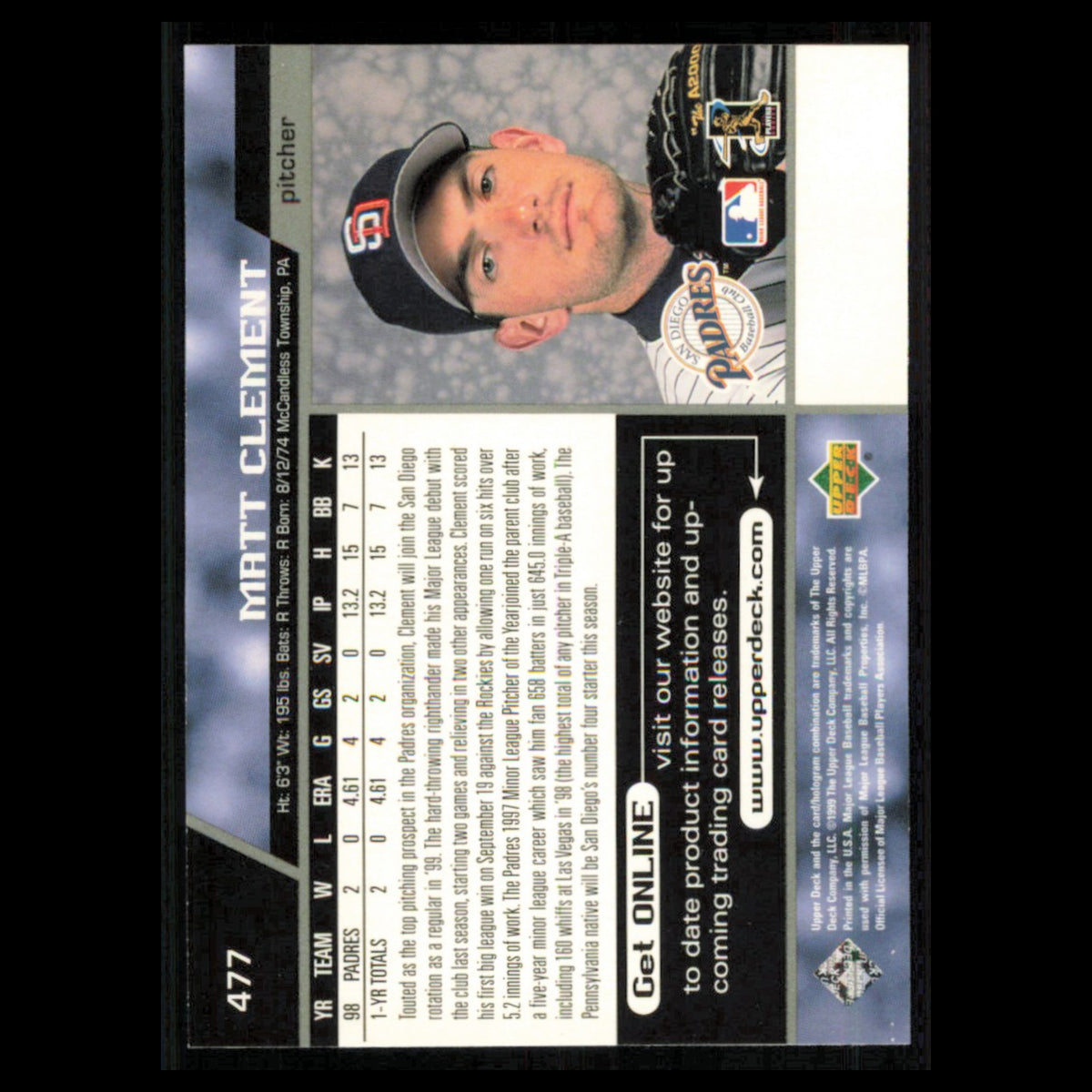 Matt Clement #477 1999 Upper Deck San Diego Padres Baseball Card MLB NM