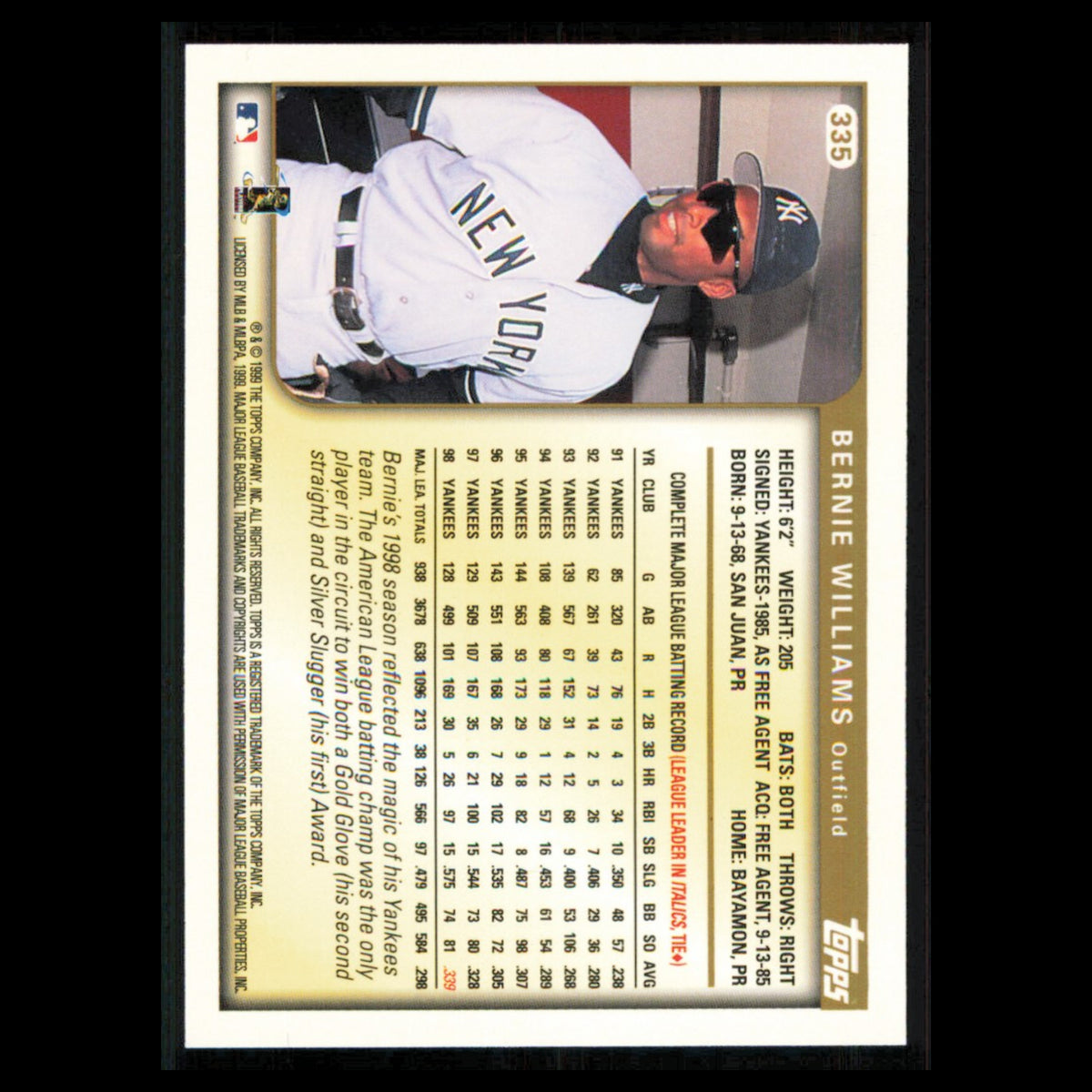 Bernie Williams #335 1999 Topps New York Yankees Baseball Card MLB NM