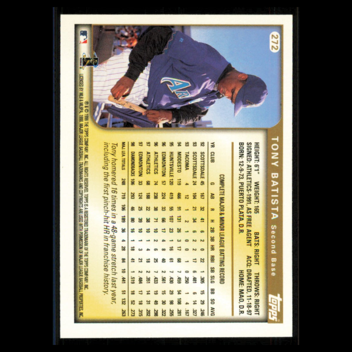 Tony Batista #272 1999 Topps Arizona Diamondbacks Baseball Card MLB NM