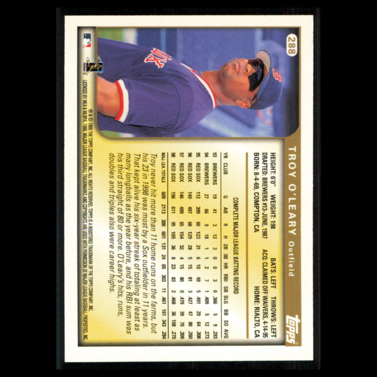 Troy OLeary #288 1999 Topps Boston Red Sox Baseball Card MLB NM