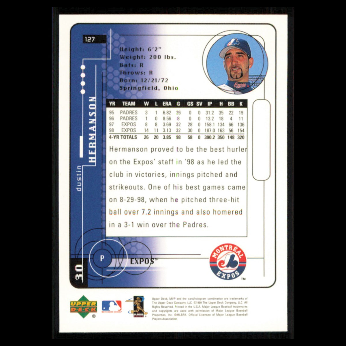 Dustin Hermanson #127 1999 Upper Deck MVP Montreal Expos Baseball Card MLB NM