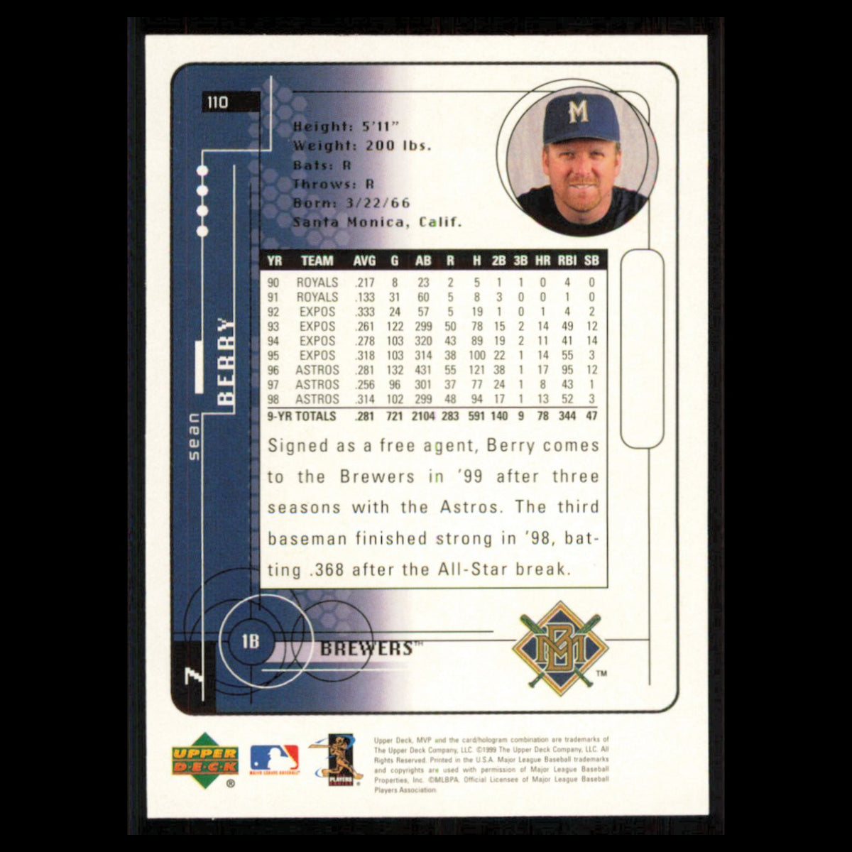 Sean Berry #110 1999 Upper Deck MVP Milwaukee Brewers Baseball Card MLB NM
