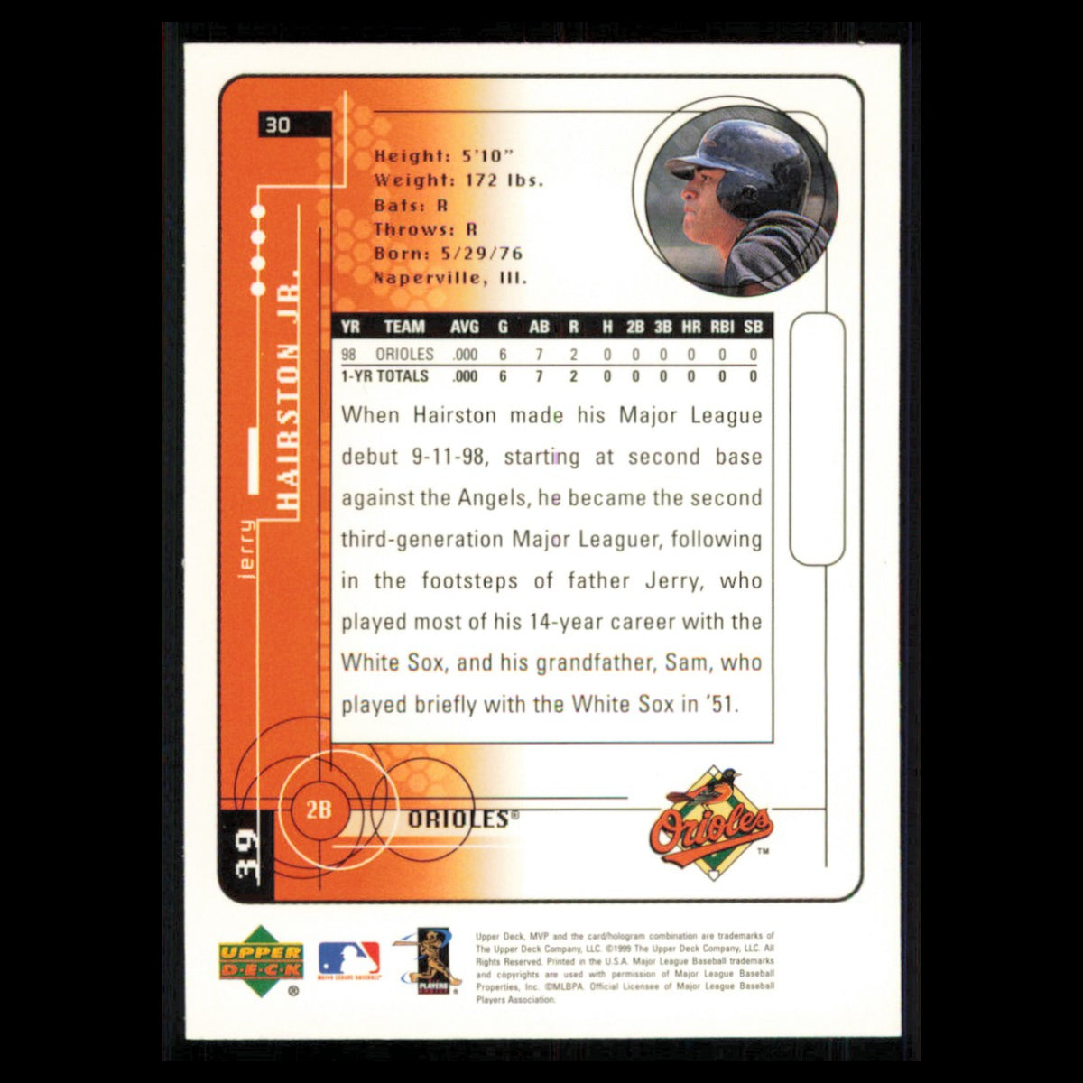 Jerry Hairston Jr. #30 1999 Upper Deck MVP Baltimore Orioles Baseball Card MLB