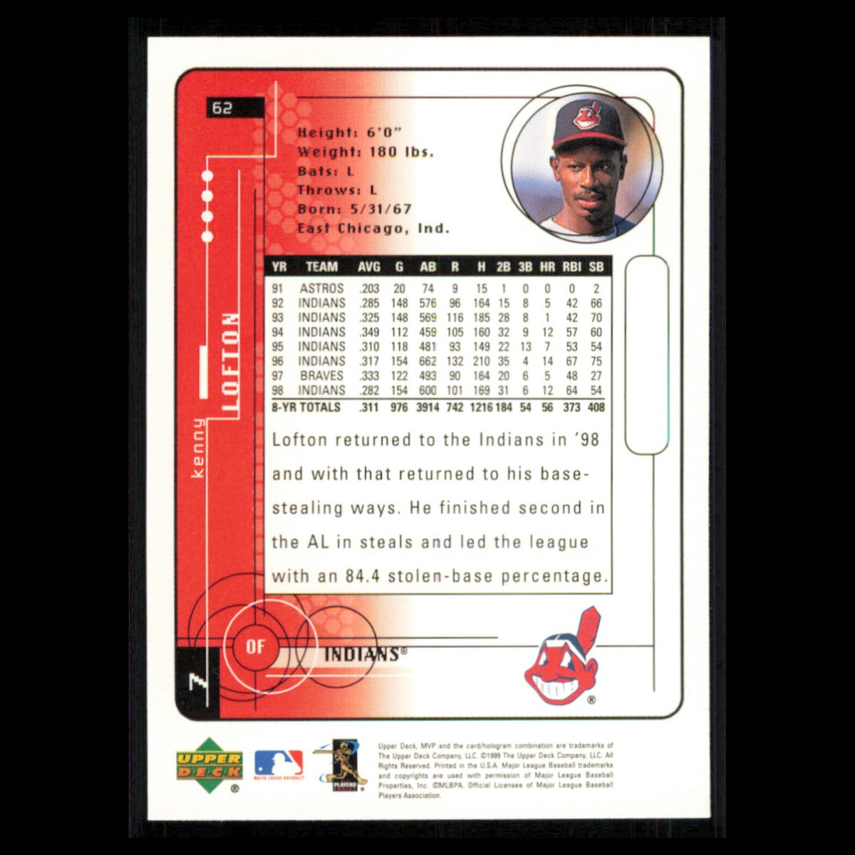 Kenny Lofton #62 1999 Upper Deck MVP Cleveland Indians Baseball Card MLB NM