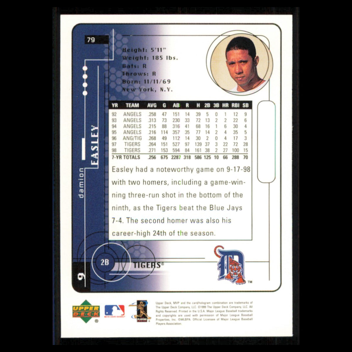 Damion Easley #79 1999 Upper Deck MVP Detroit Tigers Baseball Card MLB NM