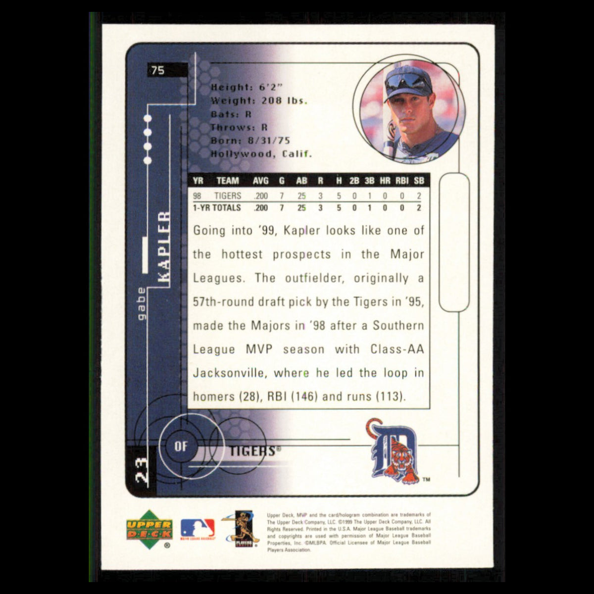 Gabe Kapler #75 1999 Upper Deck MVP Detroit Tigers Baseball Card MLB NM