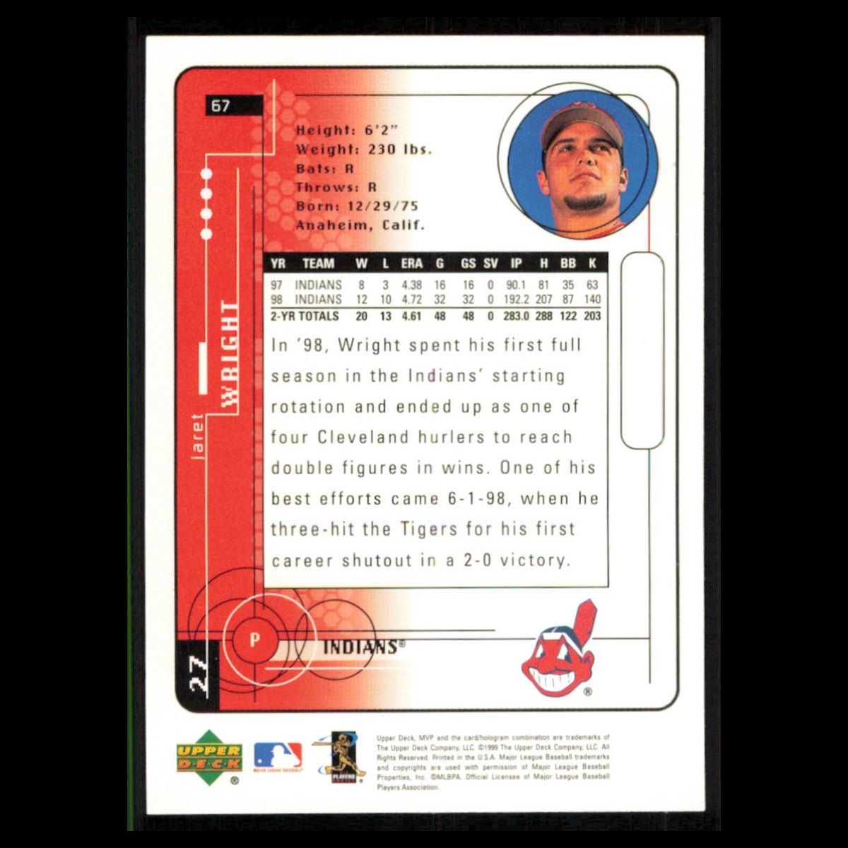 Jaret Wright #67 1999 Upper Deck MVP Cleveland Indians Baseball Card MLB NM