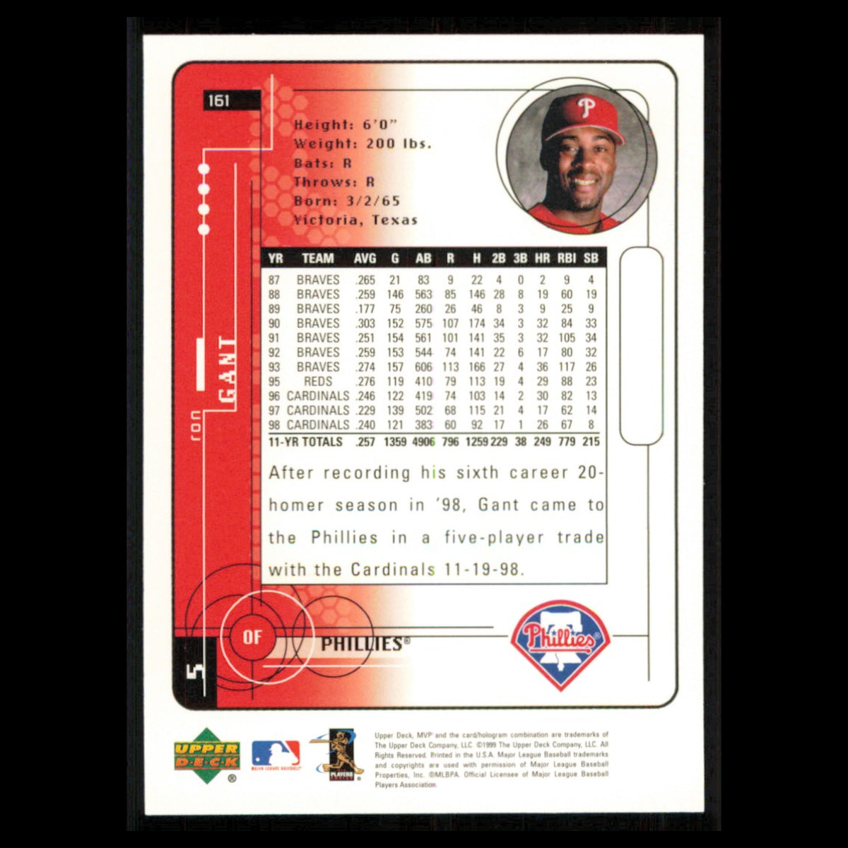 Ron Gant #161 1999 Upper Deck MVP Philadelphia Phillies Baseball Card MLB NM