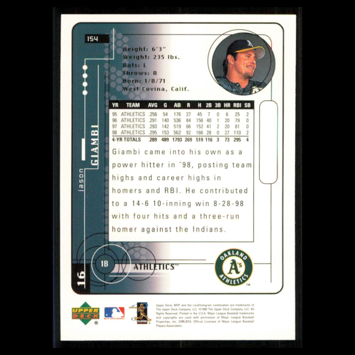 Jason Giambi #154 1999 Upper Deck MVP Oakland Athletics Baseball Card MLB NM