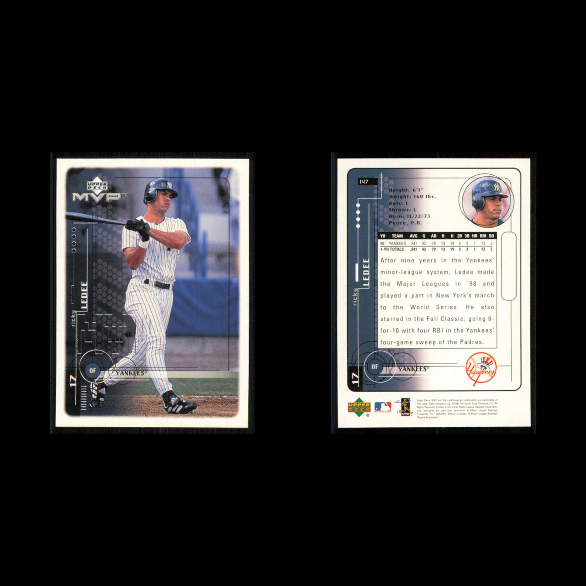 Ricky Ledee #147 1999 Upper Deck MVP New York Yankees Baseball Card MLB NM