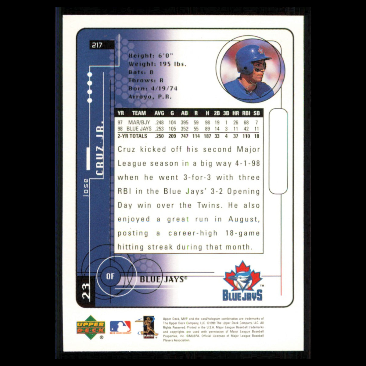Jose Cruz Jr #217 1999 Upper Deck MVP Toronto Blue Jays Baseball Card MLB NM