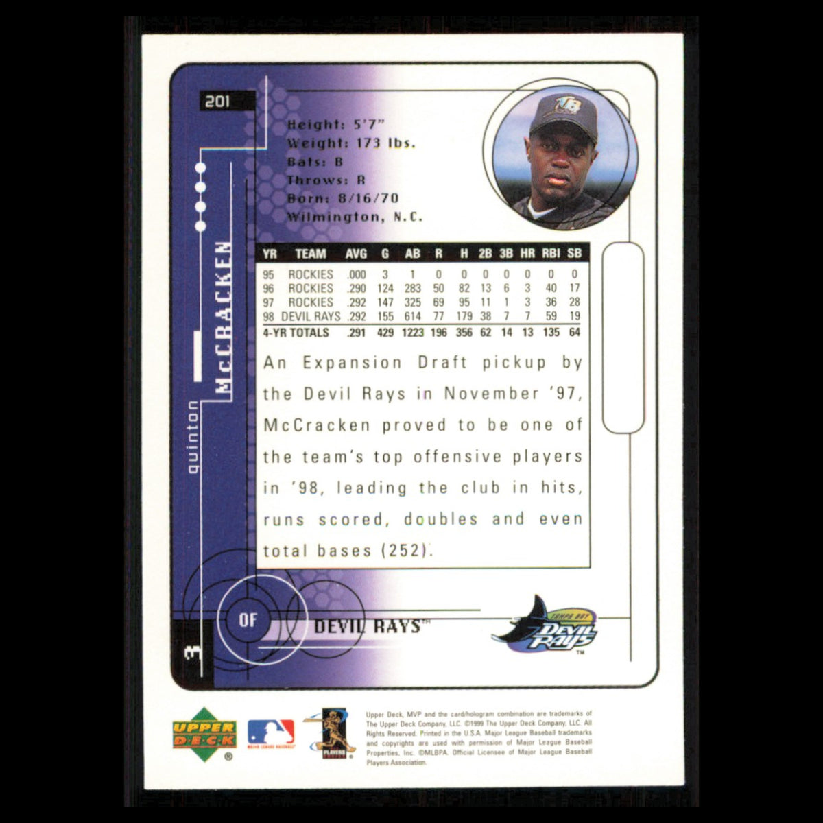 Quinton McCracken #201 1999 Upper Deck MVP Tampa Bay Devil Rays Baseball Card NM