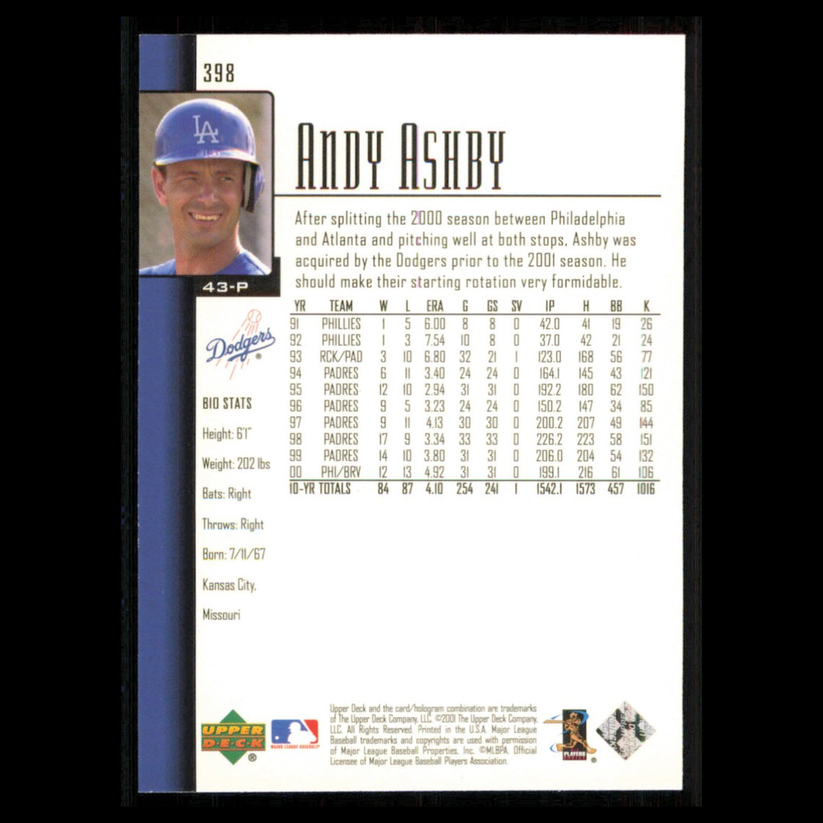 Andy Ashby #398 2001 Upper Deck Los Angeles Dodgers Baseball Card MLB NM
