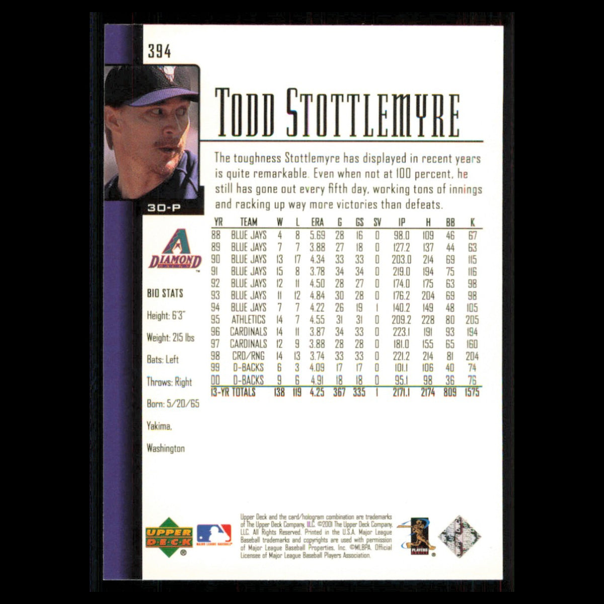 Todd Stottlemyre #394 2001 Upper Deck Arizona Diamondbacks Baseball Card MLB NM
