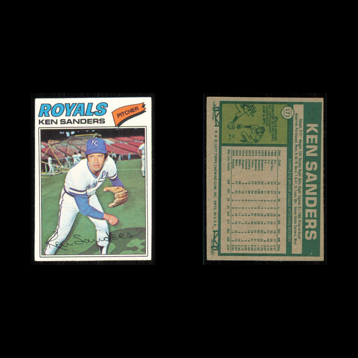 Ken Sanders #171 1977 Topps Kansas City Royals Baseball Card MLB NM