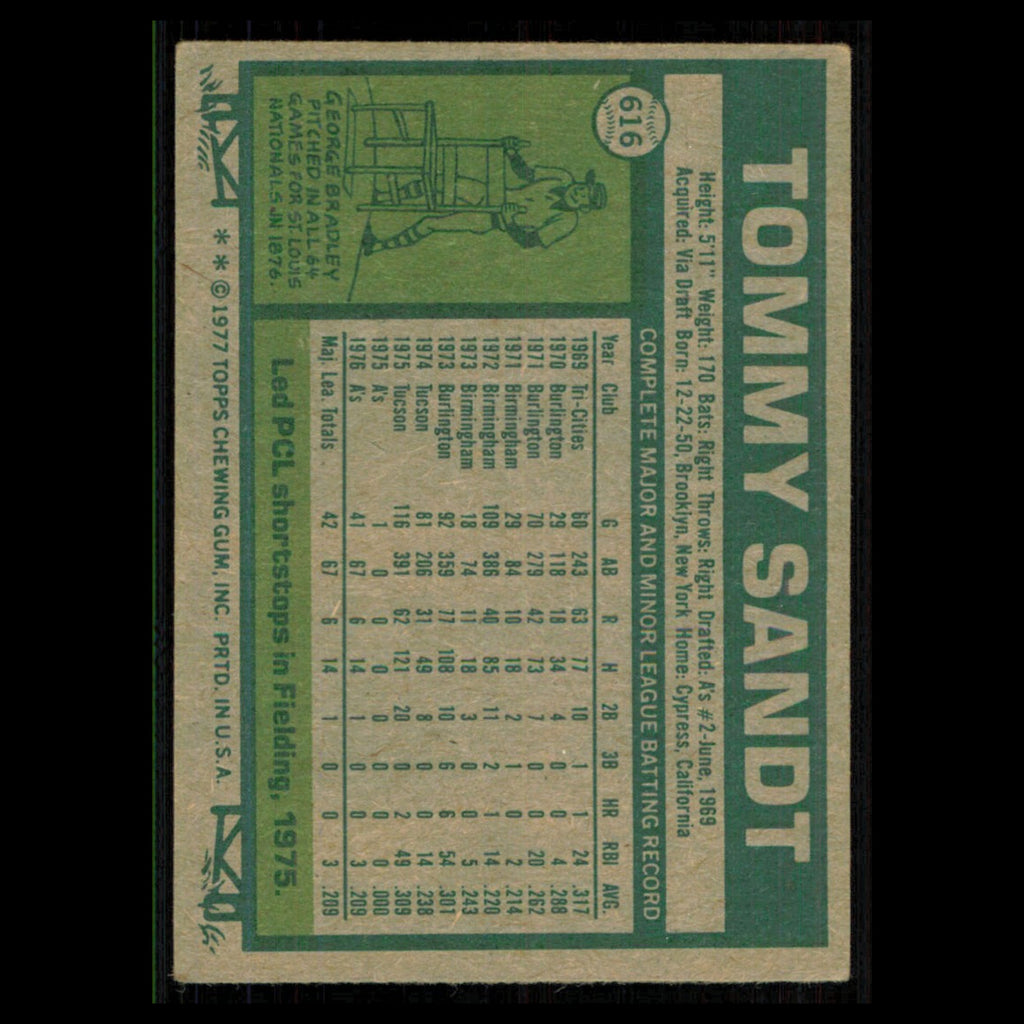 Tommy Sandt Rookie #616 1977 Topps Oakland Athletics Baseball Card MLB NM
