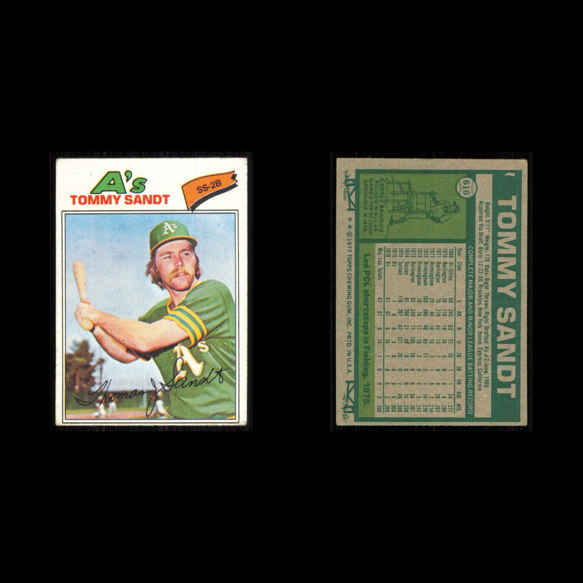 Tommy Sandt Rookie #616 1977 Topps Oakland Athletics Baseball Card MLB NM