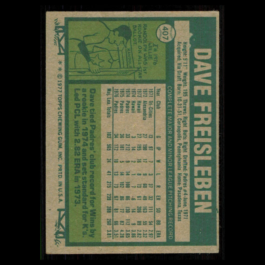 Dave Freisleben #407 1977 Topps San Diego Padres Baseball Card MLB NM