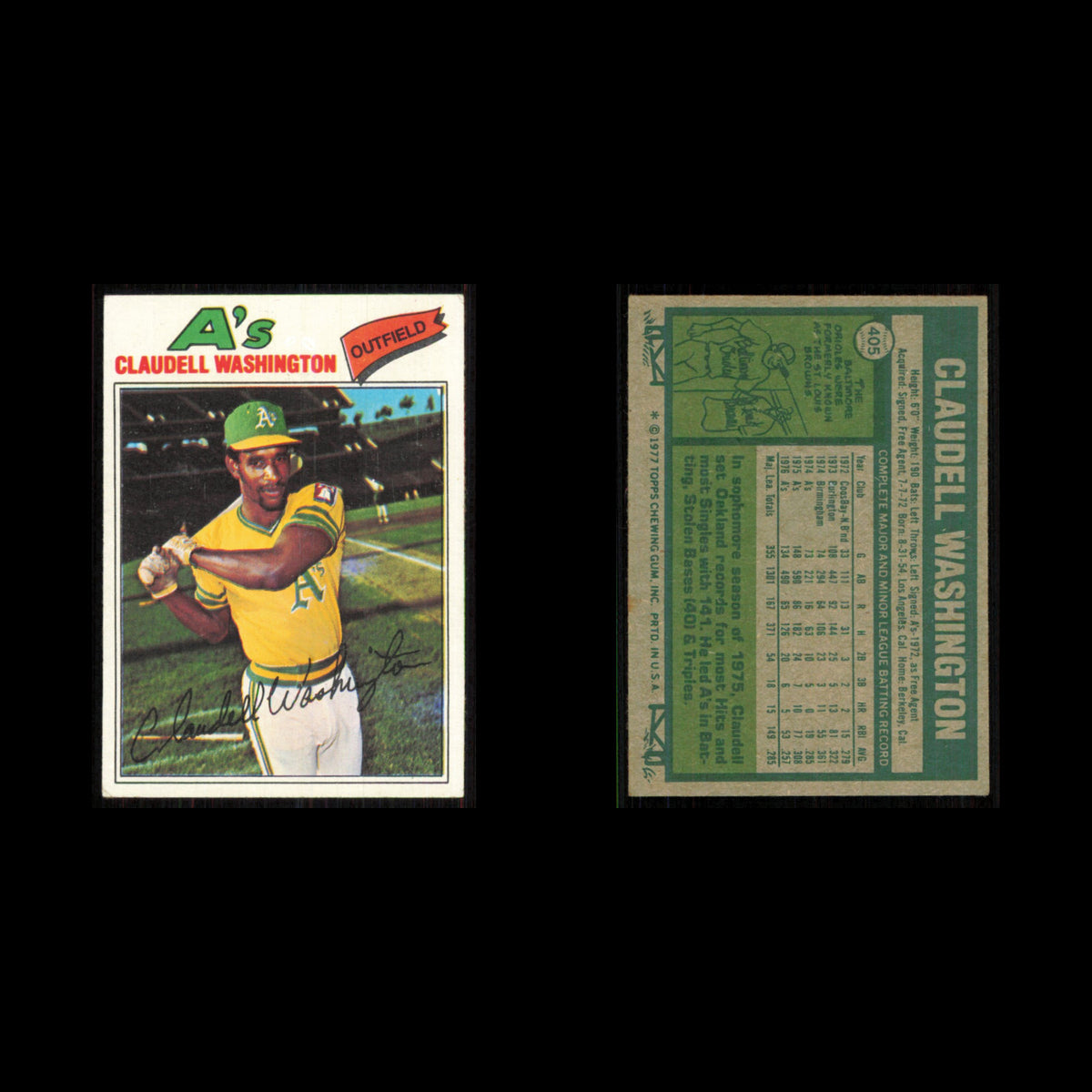 Claudell Washington #405 1977 Topps Oakland Athletics Baseball Card MLB NM