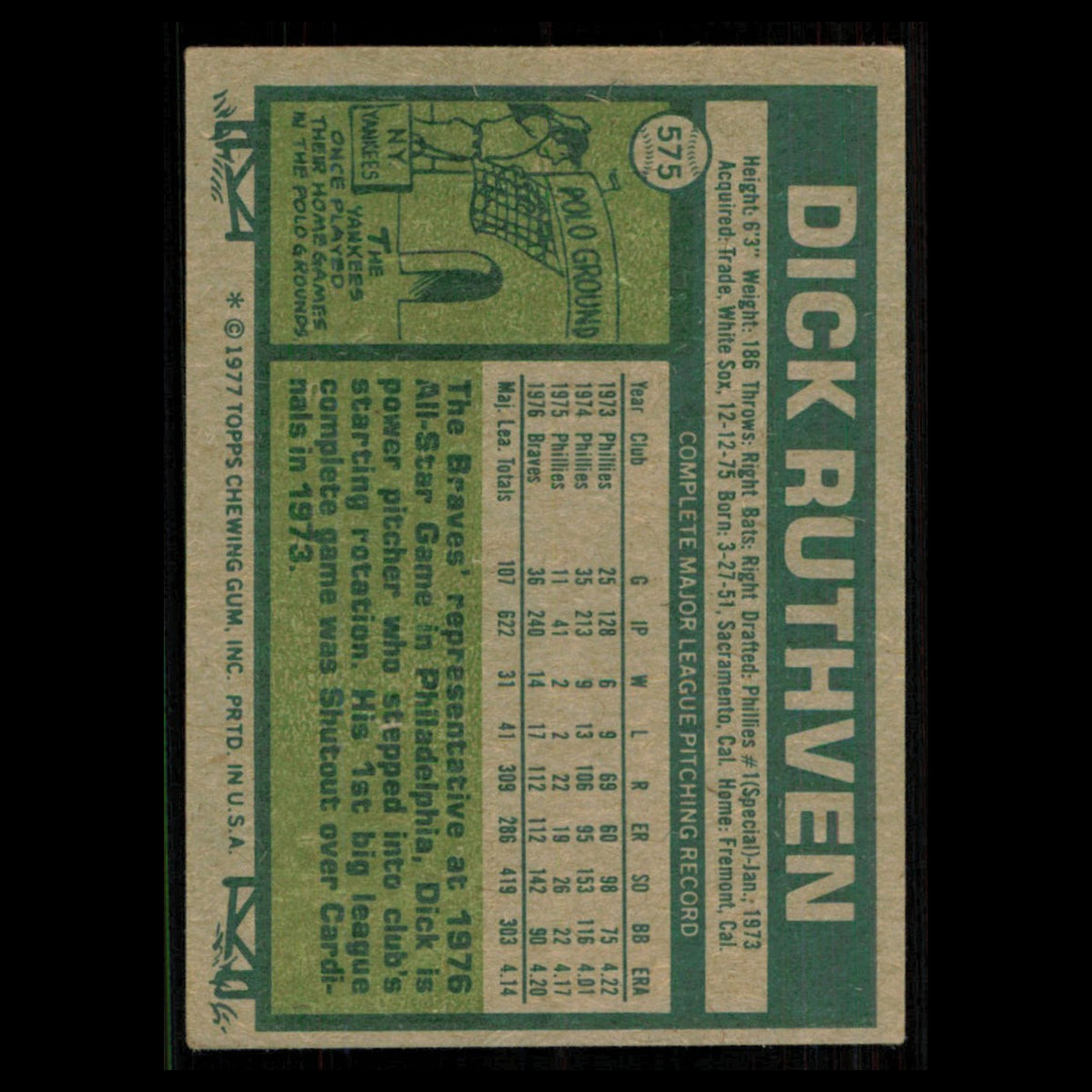 Dick Ruthven #575 1977 Topps Atlanta Braves Baseball Card MLB NM