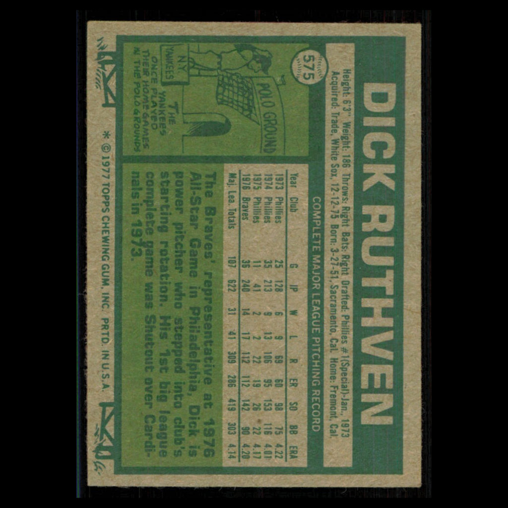 Dick Ruthven #575 1977 Topps Atlanta Braves Baseball Card MLB NM