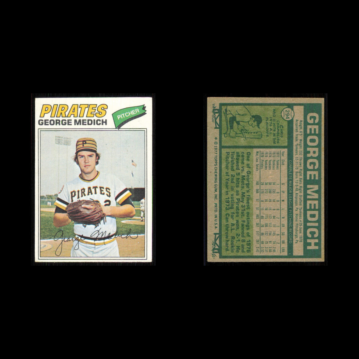 George Medich #294 1977 Topps Pittsburgh Pirates Baseball Card MLB NM