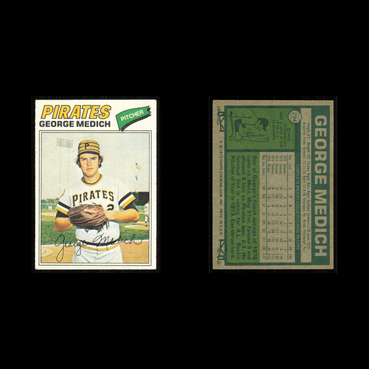 George Medich #294 1977 Topps Pittsburgh Pirates Baseball Card MLB NM