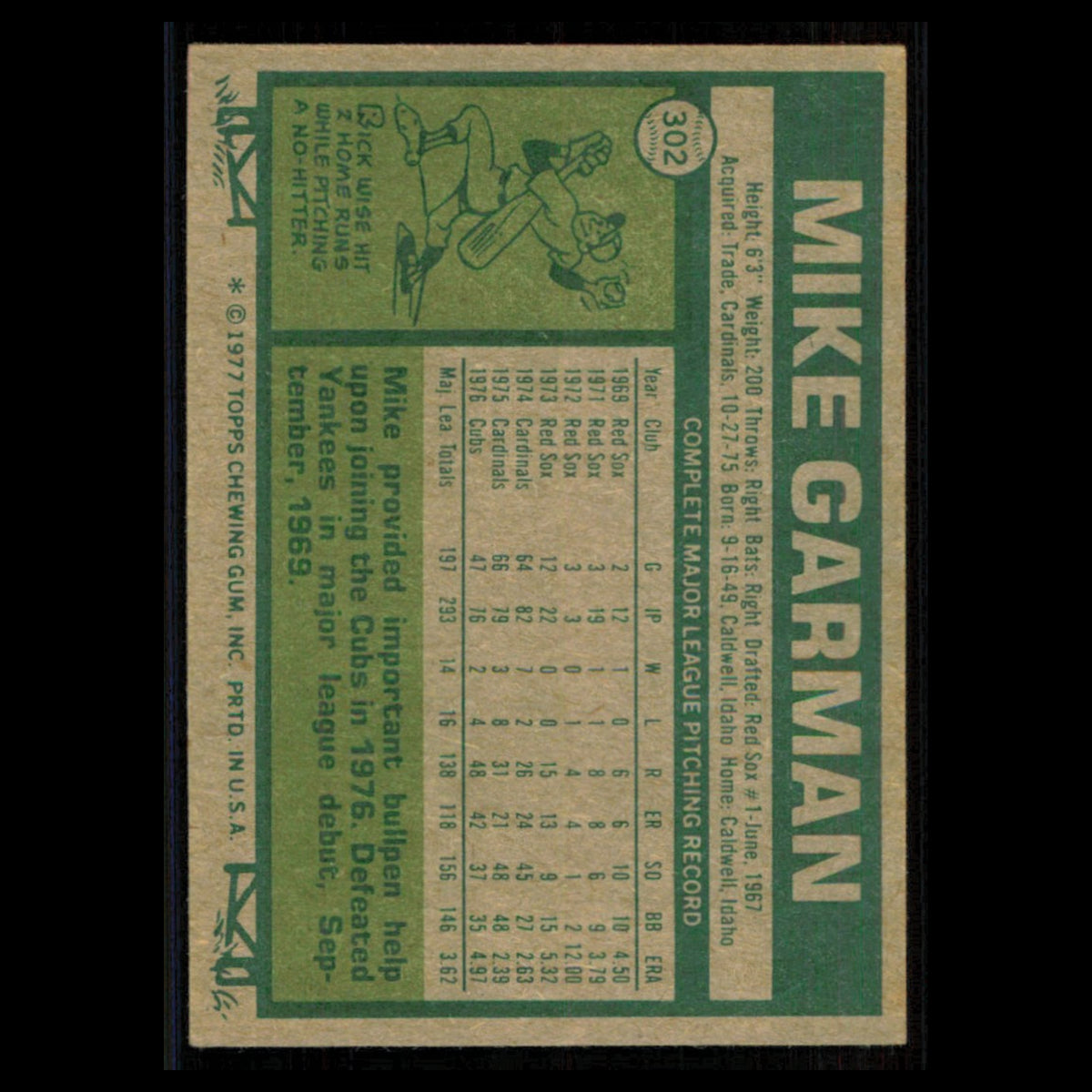 Mike Garman #302 1977 Topps Chicago Cubs Baseball Card MLB NM