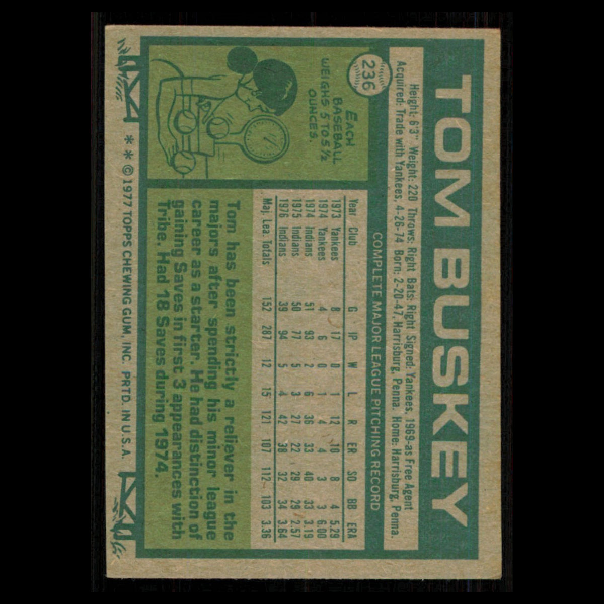 Tom Buskey #236 1977 Topps Cleveland Indians Baseball Card MLB NM