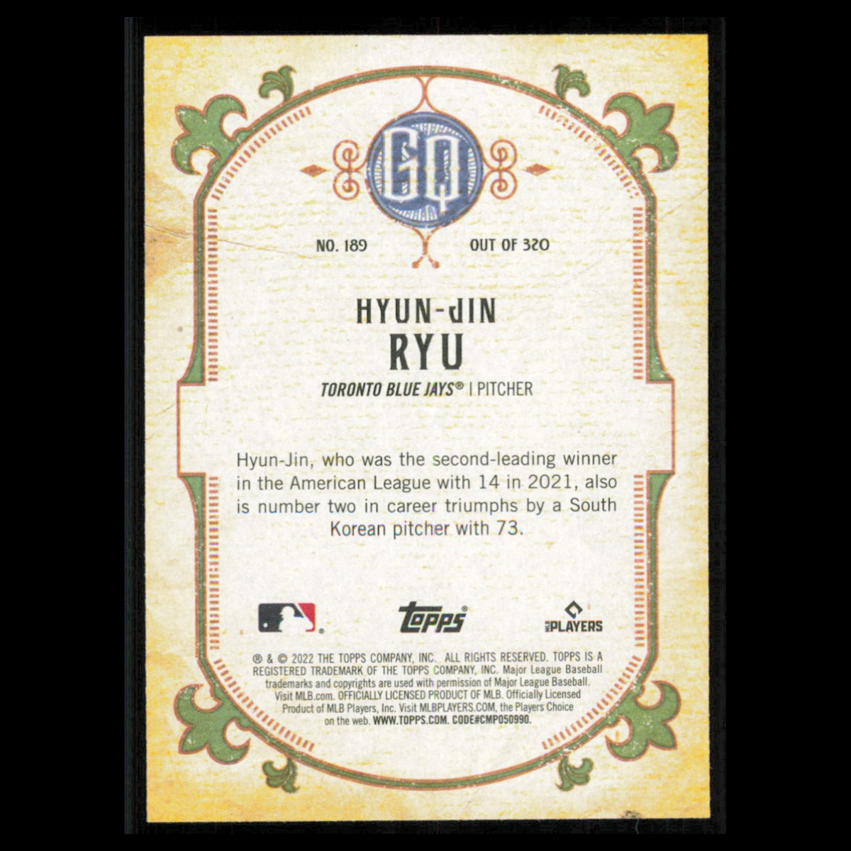 Hyun-Jin Ryu #189 2022 Topps Gypsy Queen Toronto Blue Jays Baseball Card MLB NM