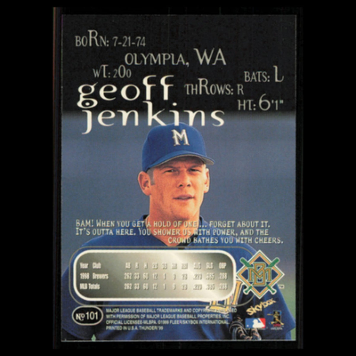 Geoff Jenkins #101 1999 SkyBox Thunder Milwaukee Brewers Baseball Card MLB NM