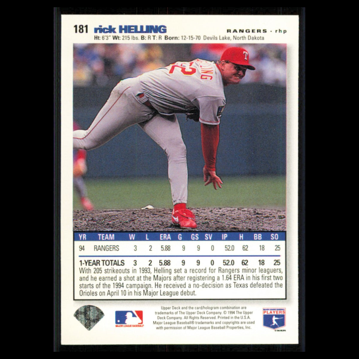 Rick Helling #181 1995 Collectors Choice SE Texas Rangers Baseball Card MLB NM