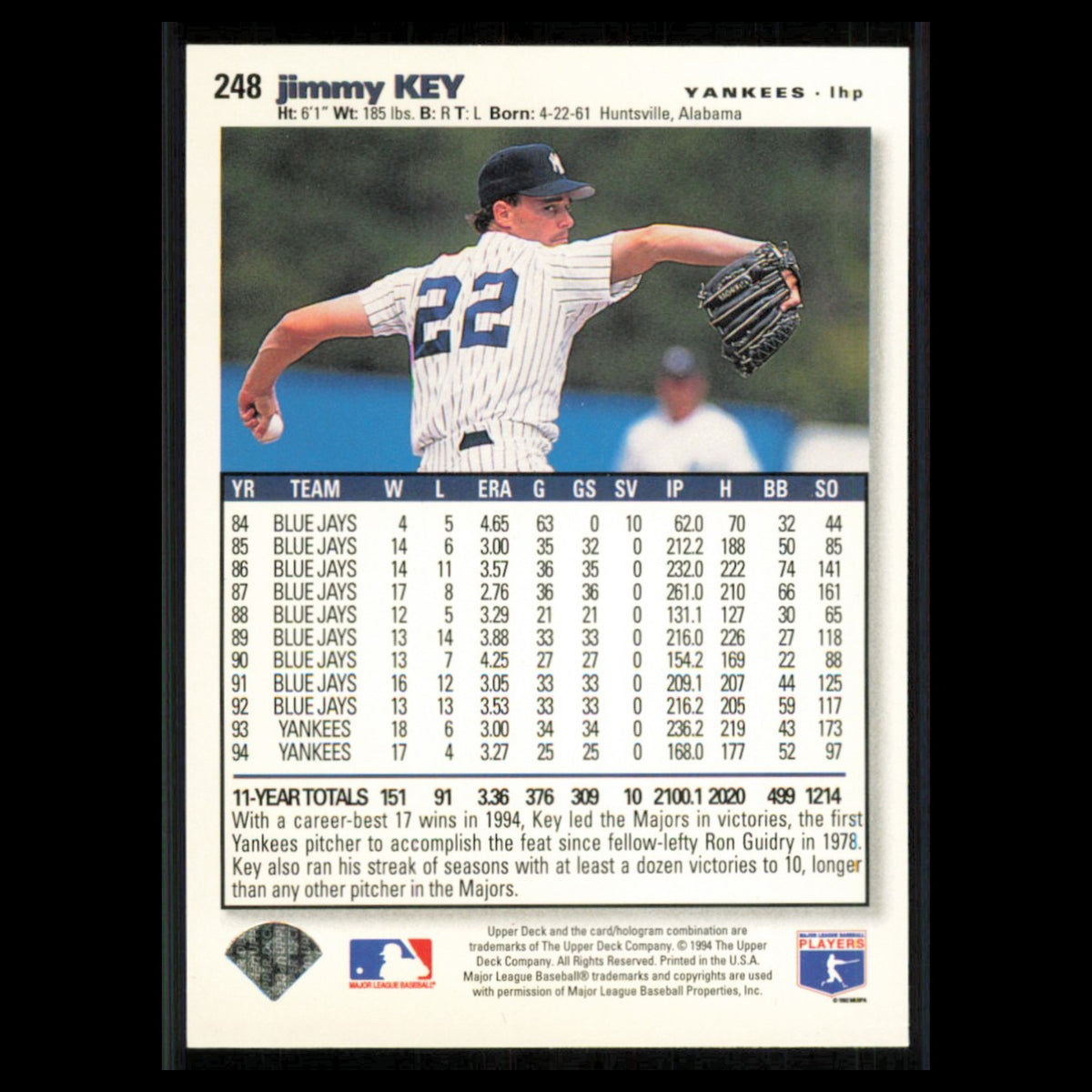Jimmy Key #248 1995 Collectors Choice SE Silver Signature New York Yankees Card