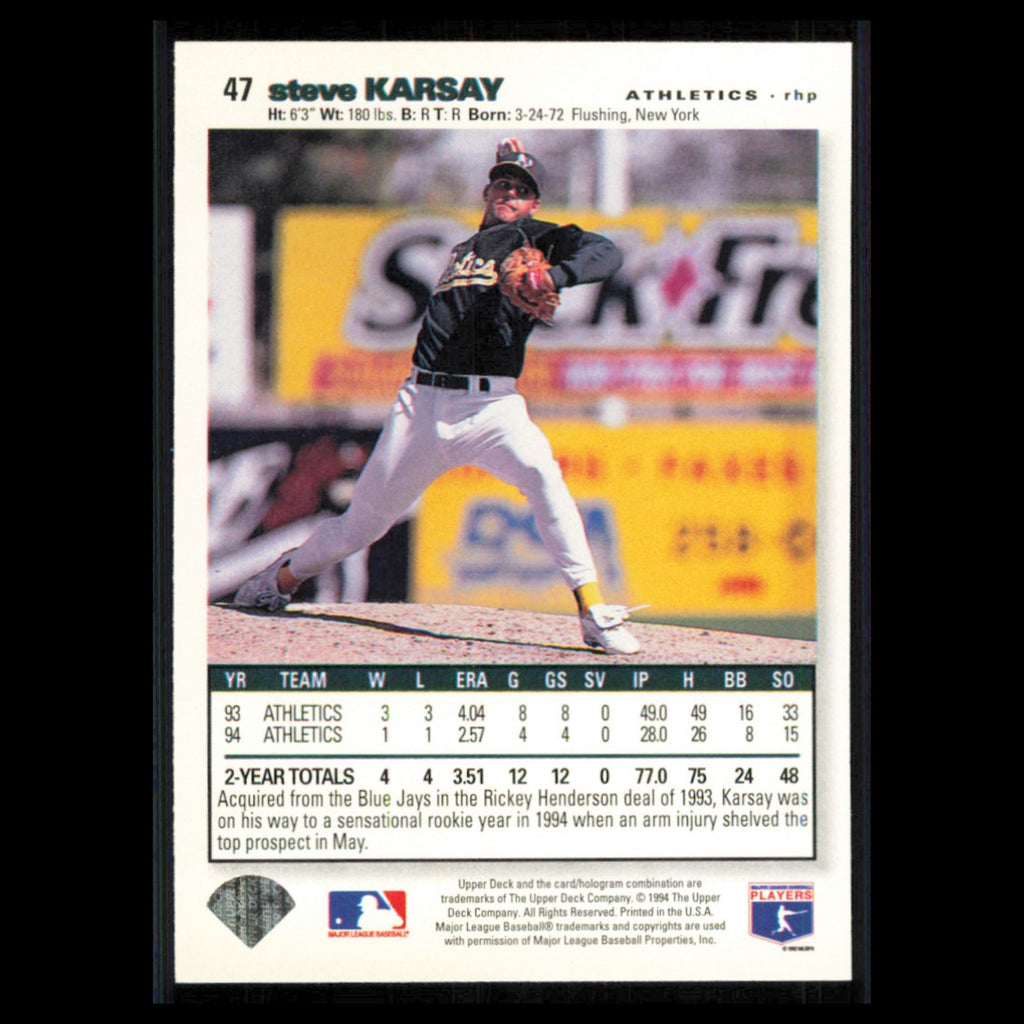Steve Karsay #47 1995 Collectors Choice SE Oakland Athletics Baseball Card MLB