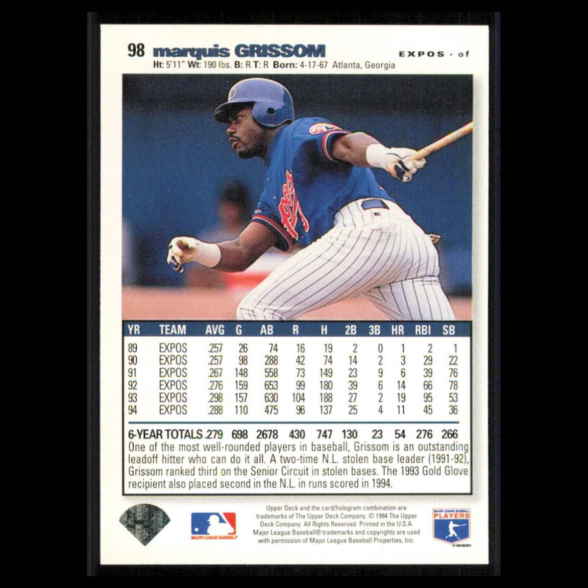 Marquis Grissom #98 1995 Collectors Choice SE Montreal Expos Baseball Card MLB