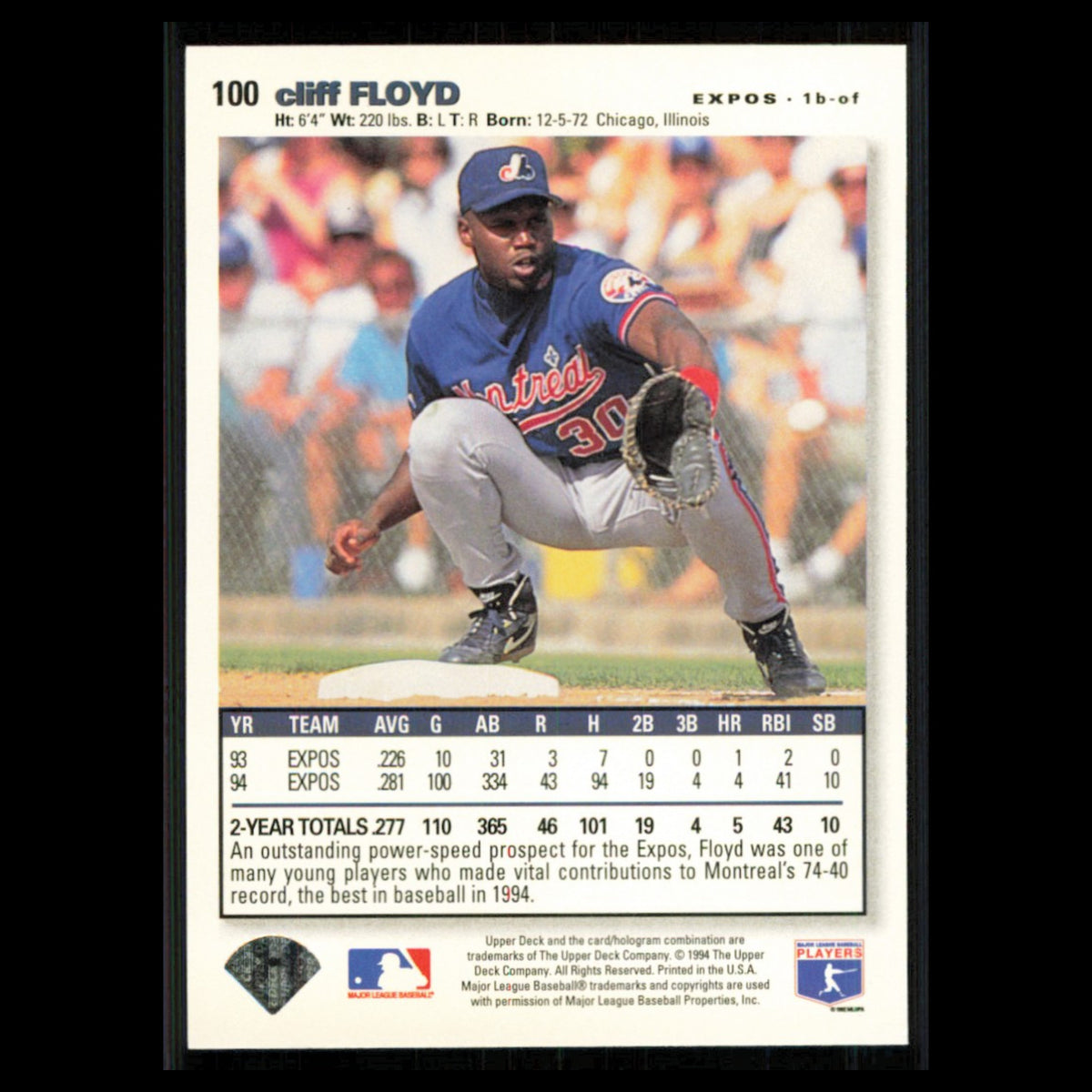 Cliff Floyd Rookie #100 1995 Collectors Choice SE Montreal Expos Baseball Card