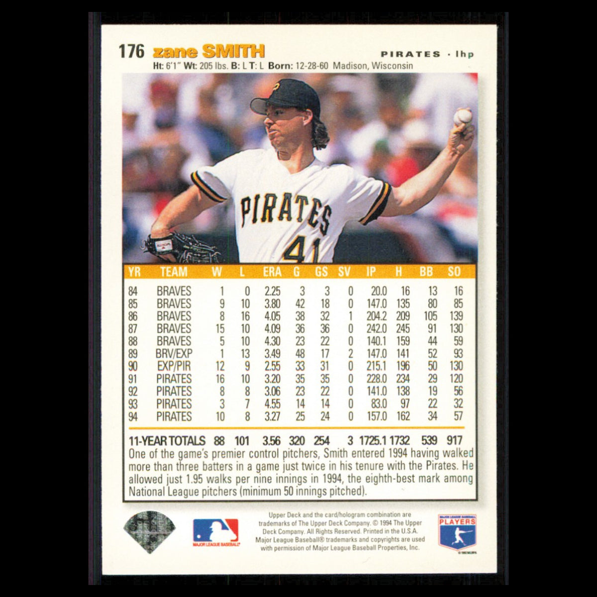 Zane Smith #176 1995 Collectors Choice SE Silver Signature Pittsburgh Pirates NM