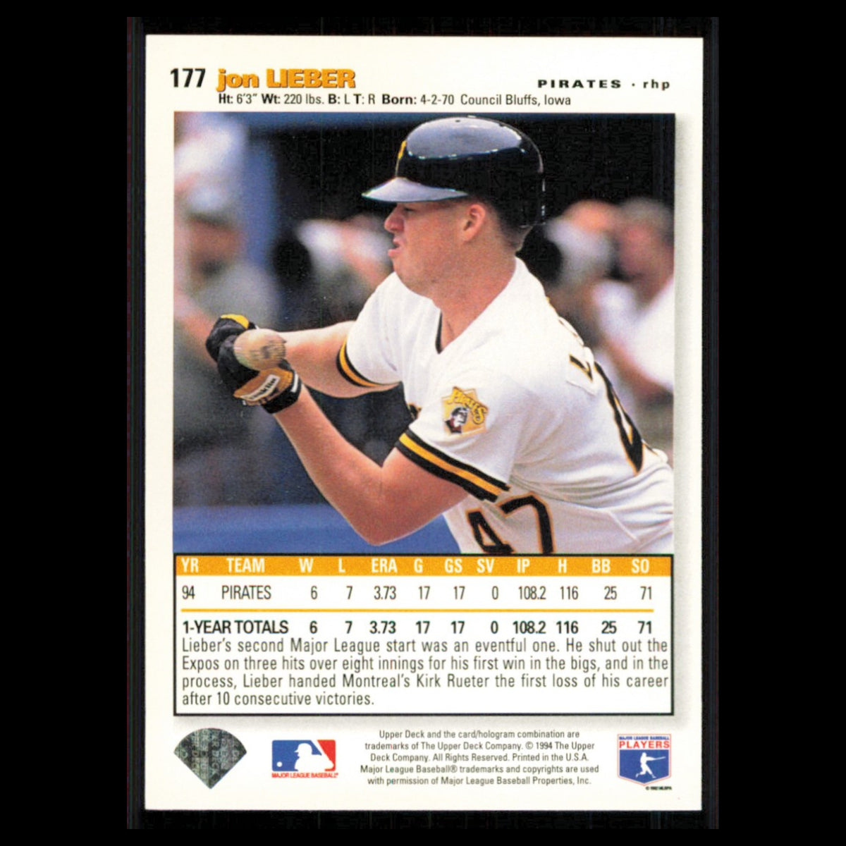Jon Lieber #177 1995 Collectors Choice SE Pittsburgh Pirates Baseball Card MLB