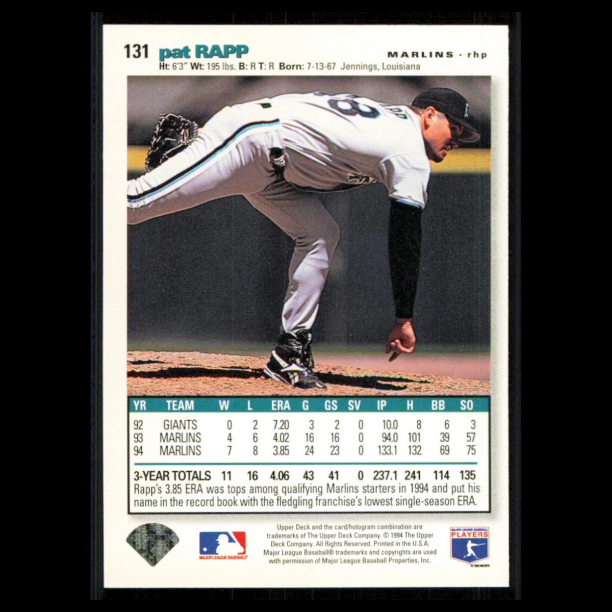 Pat Rapp #131 1995 Collectors Choice SE Florida Marlins Baseball Card MLB NM