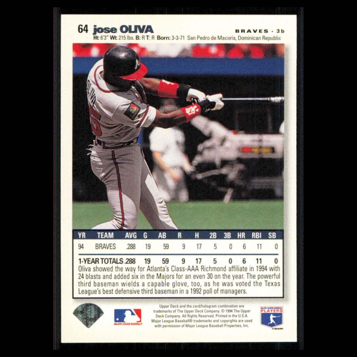 Jose Oliva #64 1995 Collectors Choice SE Silver Signature Atlanta Braves Card NM